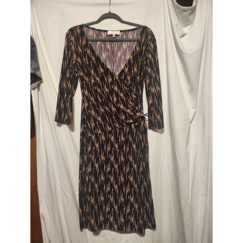 Kasper~Rich Black/Stone~Side Ruched~ Faux Wrap~Stretch Jersey Dress ,Size 10